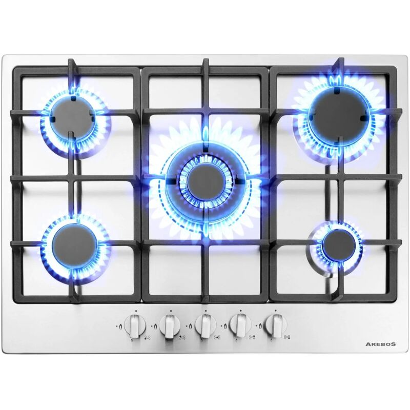 Cuisinière à gaz de 5 flammes Acier inoxydable Grilles et veilleuse de sécurité incluses Autonome Convient pour gaz naturel - Arebos