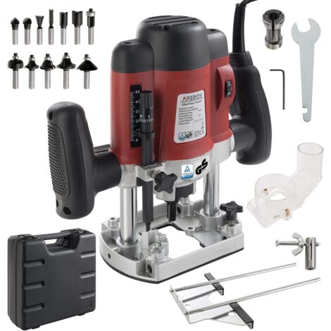 AREBOS Défonceuse à bois Fraiseuse de bords à main Mallette de transport incluse comprend 12 mèches de toupie avec queue de 8 mm Testé par GS 1200 W - rouge
