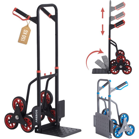 Arebos – Diable pour escaliers pliable – Charge max 150 kg – Châssis acier – Pneus caoutchouc dur – Dimensions 45 x 60 x 109 cm – Poignées ergonomiques