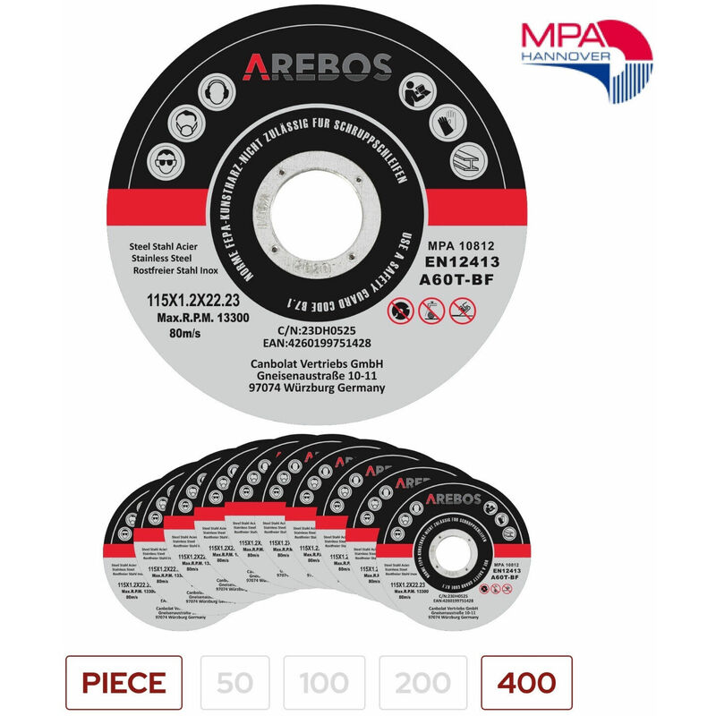 Image of Arebos - Dischi da taglio 115 mm x 1,2 mm 400 dischi flessibili in acciaio inox