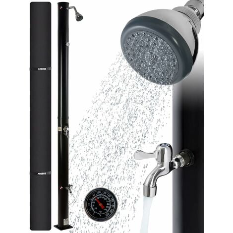 AREBOS douche solaire 20 litres  221cm  avec thermomètre intégré  pommeau de douche rond  avec douche de pied  Douche de jardin avec raccord pour tuyau d'arrosage  technologie snap-in Noir