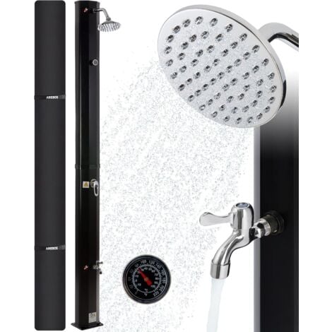 AREBOS douche solaire| 35 litres | 216cm | incl. Capot de protection |avec thermomètre intégré | pommeau de douche rond | avec douche de pied |Douche de jardin avec raccord pour tuyau d'arrosage |Noir