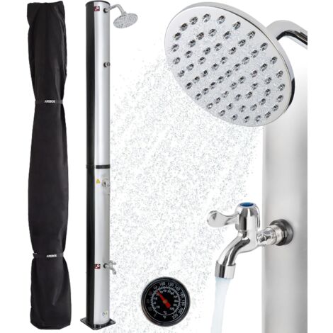 AREBOS douche solaire 37 L 199cm avec thermomètre intégré incl.Capot de protection pommeau de douche rond avec douche de pied Douche de jardin avec raccord pour tuyau d'arrosage Argent-Noir - Argent / Noir