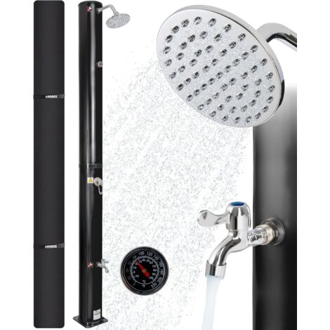 AREBOS Douche solaire | 40 L| 220 cm | avec thermomètre intégré | incl.Capot de protection |Noir |Pommeau de douche rond|avec douche à pied |avec raccord de tuyau d'arrosage|Matériel de montage inclus