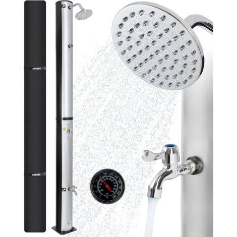 AREBOS douche solaire| 40 L | 220cm | incl.Capot de protection |avec thermomètre intégré | pommeau de douche rond |avec douche de pied |Douche de jardin avec raccord pour tuyau d'arrosage |Argent-Noir