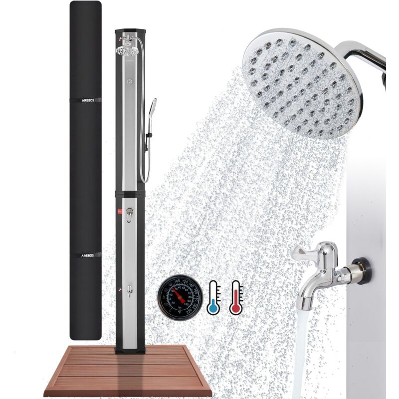 Ducha Solar 60 L Negro / Plata Con Termómetro Y Placa Base Imitación Madera - Negro / Plata - Arebos