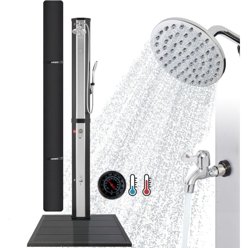 Arebos - Ducha Solar 60L Negro / Plata Con Termómetro Y Placa Base Antracita