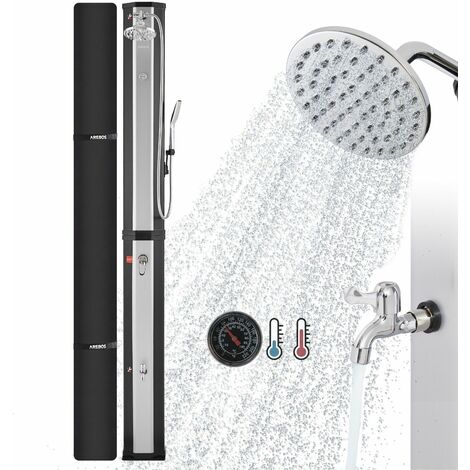 AREBOS Ducha solar Negro/Plata con tecnología Snap-In 60L y cubierta protectora
