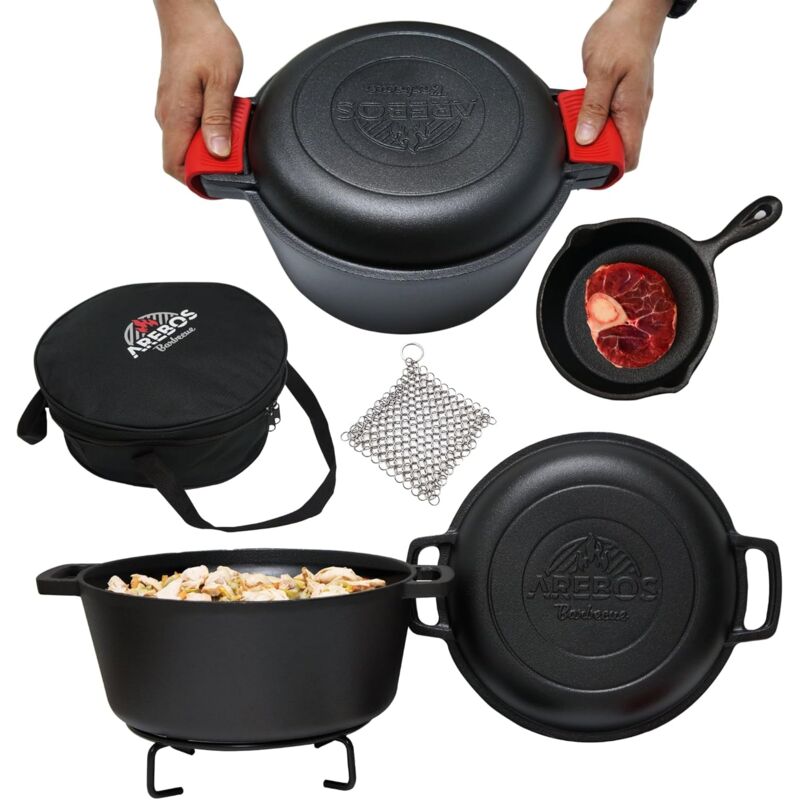 Dutch Oven Set 2in1 Casserole en fonte 4,8 l & Poêle 1,8 l Casserole bbq cuite au four & Poêle à frire avec accessoires Double fonction