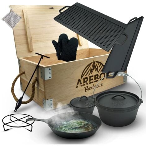 AREBOS Dutch Over BBQ Set aus Gusseisen mit Holzkiste inklusive Schutzhandschuhe