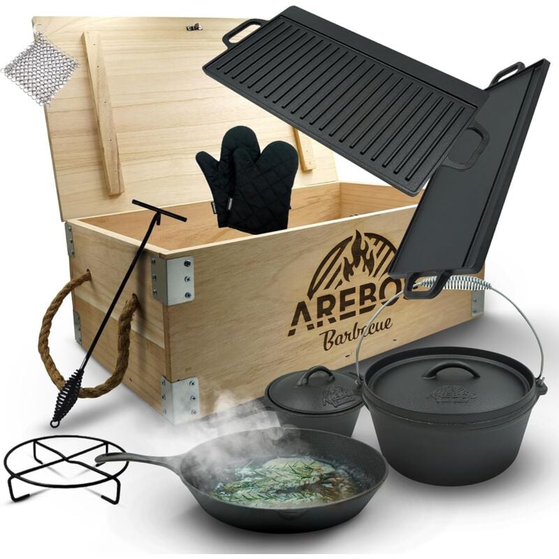Dutch Over bbq Set en fonte avec caisse en bois, gants protection inclus - Arebos
