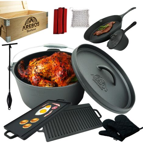 AREBOS Dutch Over BBQ Set in ghisa con scatola in legno e guanti protettivi incl