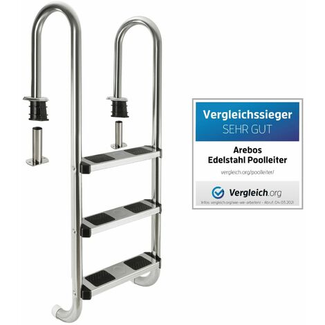 AREBOS Edelstahl Poolleiter inkl. Kunststoffbolzen, Flanschrohr und Montagematerial 2 Montagemöglichkeiten mit Antirutschpads auf den Sprossen Einstiegsleiter Silber Einbauleiter 3 Stufen