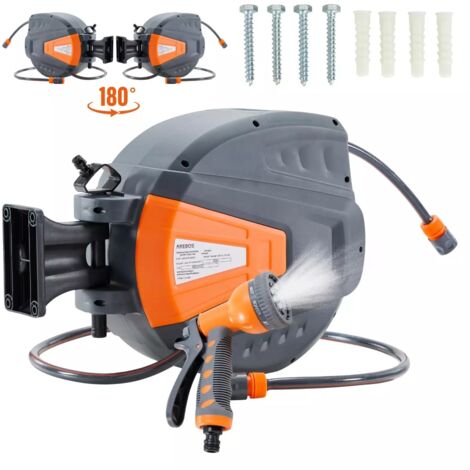Arebos – Enrouleur télescopique automatique de tuyau d'arrosage 30 m – Support mural pivotant 180° – 9 fonctions de pulvérisation réglables