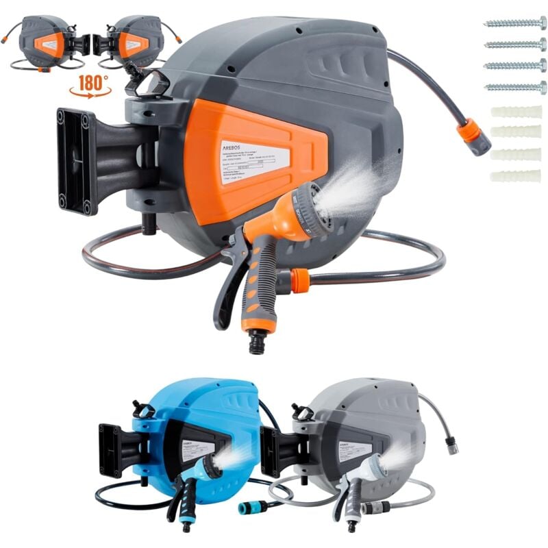 AREBOS Enrouleur de tuyau pivotant de 15 m - Avec dispositif d'arrêt - Support mural - Mécanisme d'enroulement automatique - Orange