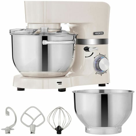 AREBOS food processor 1500W Creme  Kneading machine with 2x stainless steel mixing bowls 4.5 & 5.5L  Low-noise  Kitchen mixer with beaters, dough hooks, whisks and splash guard  6 speeds