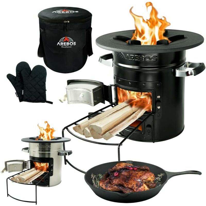 Arebos - Four roquettes y compris Poêle griller Four fusée bbq Réchaud camping Noir