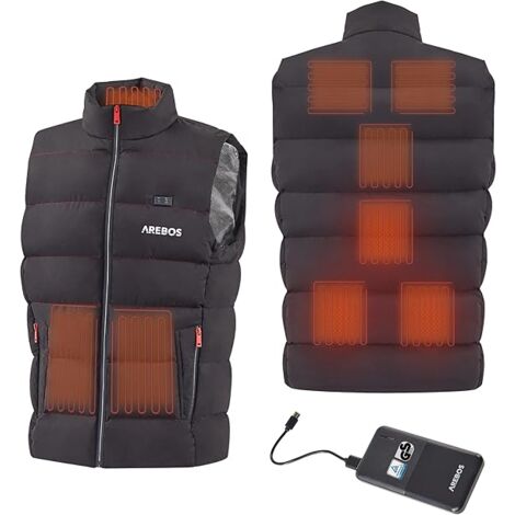 AREBOS Gilet thermique à batterie Gilet chauffant pour hommes 9 zones de chauffage incl. Powerbank 10000mAh 3 niveaux de chauffage Gilet chauffant randonnée Gr.2XL - Noir