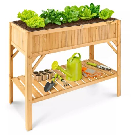 AREBOS Hochbeet aus Holz mit Ablagefach  für Garten, Balkon und Terrasse  Innenleben mit Schutzvlies ausgestattet  119 x 53 x 90 cm  Pflanzkasten & Blumenkasten  Pflanzbeet, Frühbeet