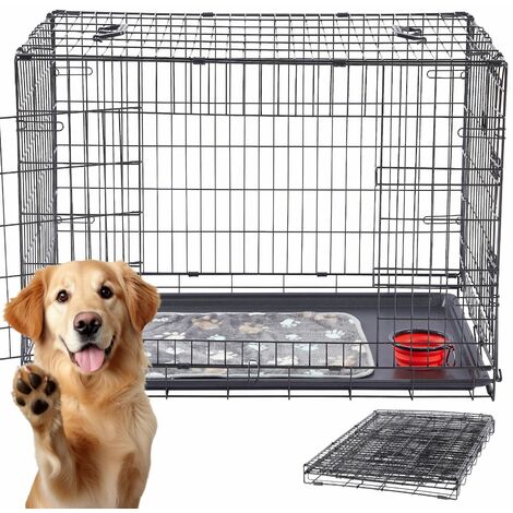 AREBOS  Hundekäfig 92,5 x 60 x 66 cm  Hundetransportbox Auto klappbar  Hundebox faltbar  Transportbox Hund mit 2 Türen  Hundekäfig für Zuhause inkl. Kuscheldecke + Napf  L Schwarz
