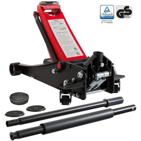 AREBOS Hydraulischer Rangierwagenheber 3 Tonnen – extra flach 75 mm, Doppelhub-System, Hubhöhe bis 505 mm, mit Gummiauflagen, Schmiernippel & Ablagefach