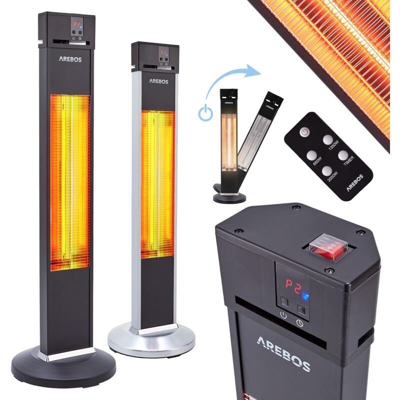 Arebos - Radiateur infrarouge sur pied 2000 w avec télécommande Indice de protection IP34 Technologie Low Glare Noir