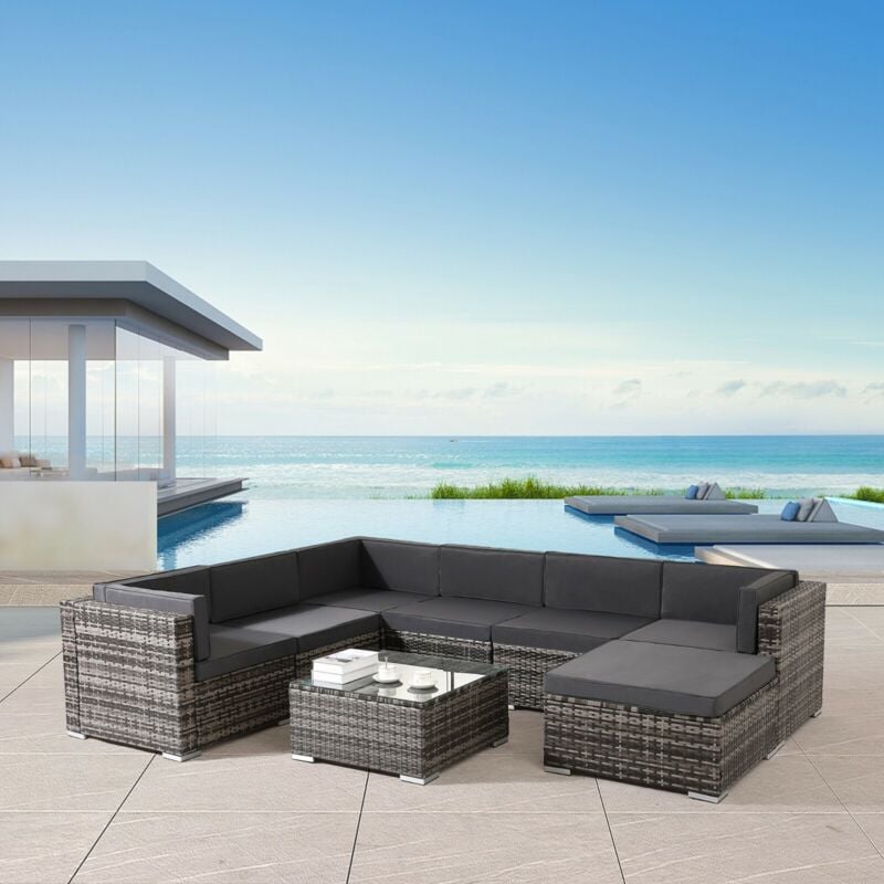 

juego de salón con muebles de jardín polyrattan grupo de asientos gris - Gris - Arebos