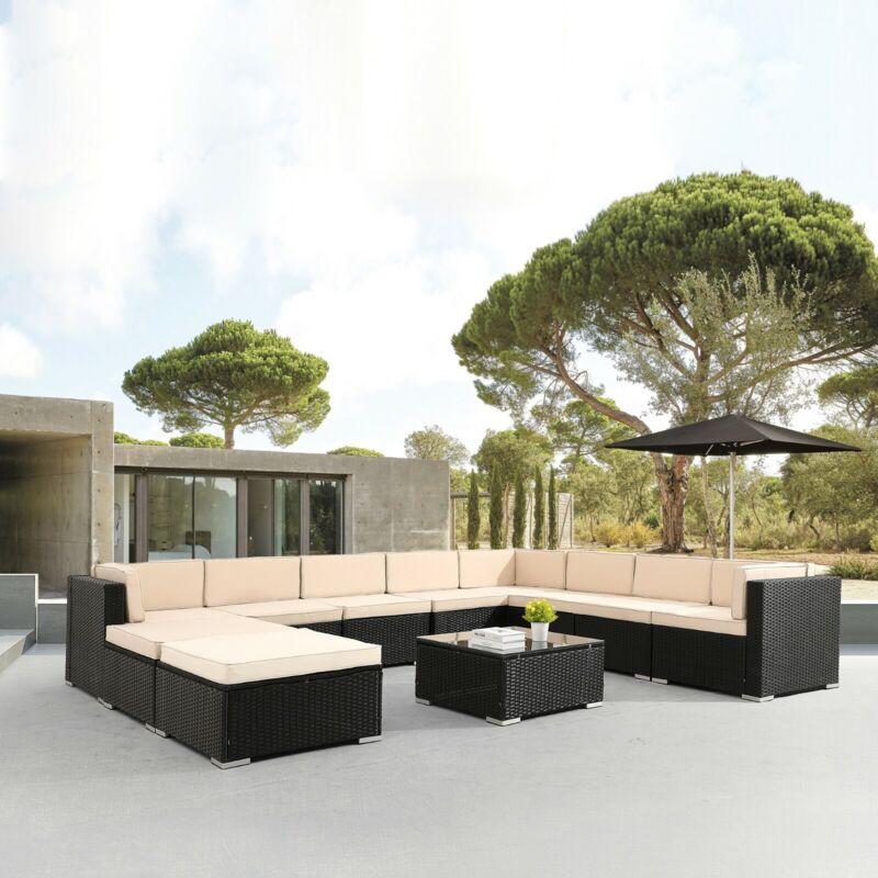 

juego de salón con muebles jardín de polyrattan grupo de asientos negros - Negro - Arebos