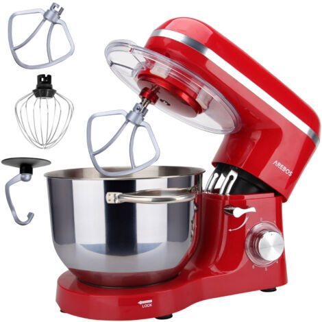 AREBOS Küchenmaschine 1500W mit 6L Edelstahl-Rührschüssel  Rot  inkl. Rührhaken, Knethaken, Schneebesen  Spritzschutz  6 Geschwindigkeiten  Knetmaschine  Teigmaschine