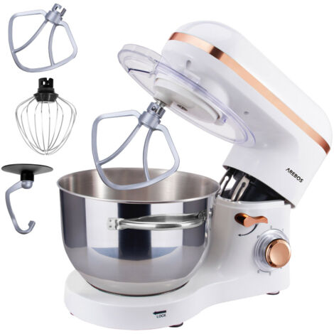 AREBOS Küchenmaschine 1500W mit 6L Edelstahl-Rührschüssel  Weiß-Roségold  inkl. Rührhaken, Knethaken, Schneebesen  Spritzschutz  6 Geschwindigkeiten  Knetmaschine  Teigmaschine