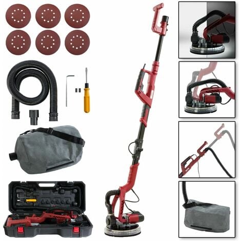 AREBOS Long-Neck Sander Drywall Sander Wall-Ceiling Sander 750 watt, Ø 225 mm Telescopic Rod Suction System Swivel Head with LED Including 6 Sanding Discs and case - Red / Black