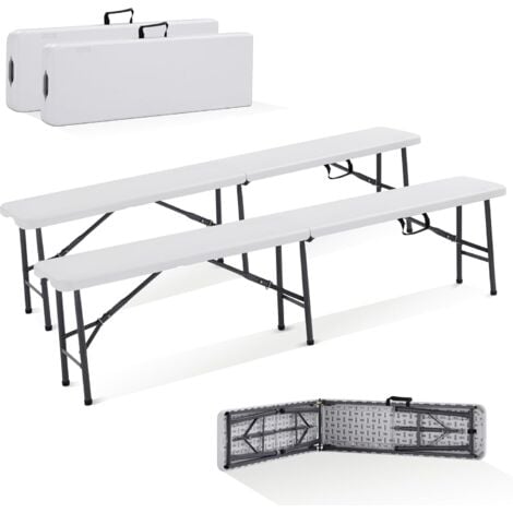 AREBOS Lot de 2 bancs pliants - Poignée de transport - 183 x 28 x 43 cm - Pour camping, jardin, fête, camping, tente à bière, banc de jardin, banc - Blanc