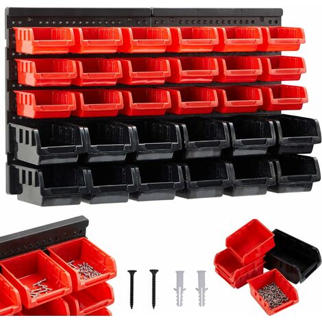 AREBOS Lot de 32 caisses empilables pour Rangement Mural Rouge - Noir 12 Grandes boîtes empilables 18 boîtes Moyennes - Rouge / Noir