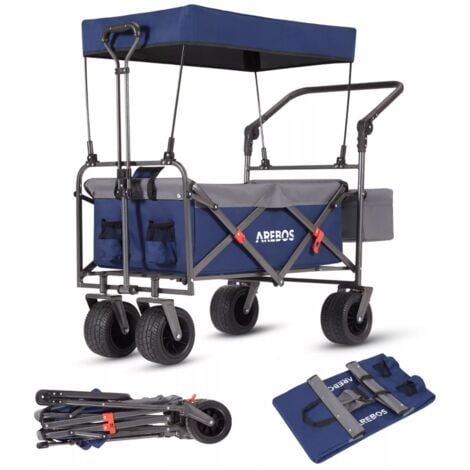 AREBOS Luxury outdoor utility wagon with canopy Folding Stroller cart trolley blue/gray