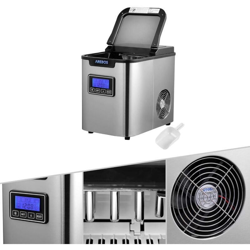 Arebos - Machine à Glaçons en Acier Inoxydable 2,2L lcd Icemaker 12KG/24H