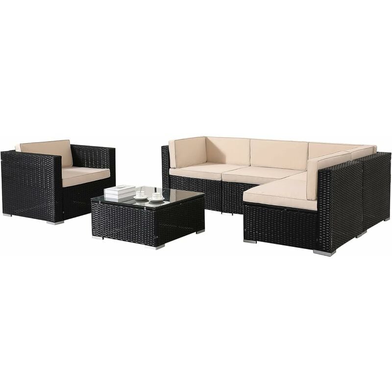 Meuble de jardin en poly rotin Set Lounge Garniture Set Salon Noir - Noir / Crème - Arebos