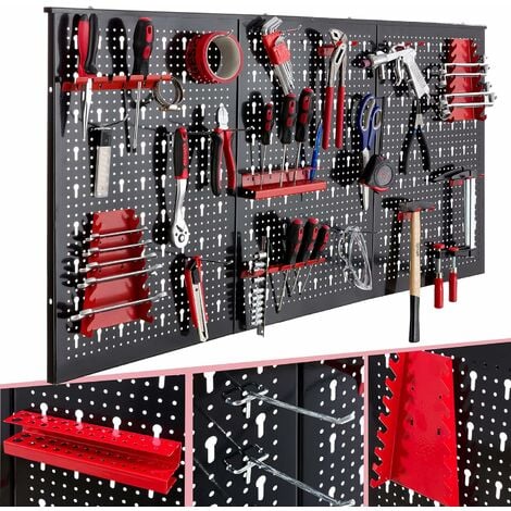 AREBOS Mur d'outils en trois parties | Jeu de crochets de 17 pièces | 120 x 60 x 2 cm - Rouge / Noir