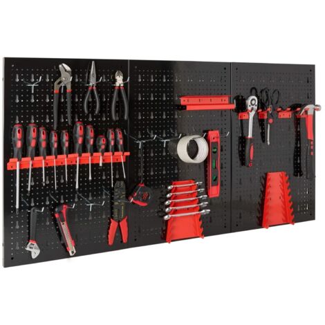 Arebos – Panneau mural pour rangement d'outils 120 x 59,5 cm – Acier perforé noir – Capacité de charge 4 kg par assiette – Kit de 17 accessoires inclus