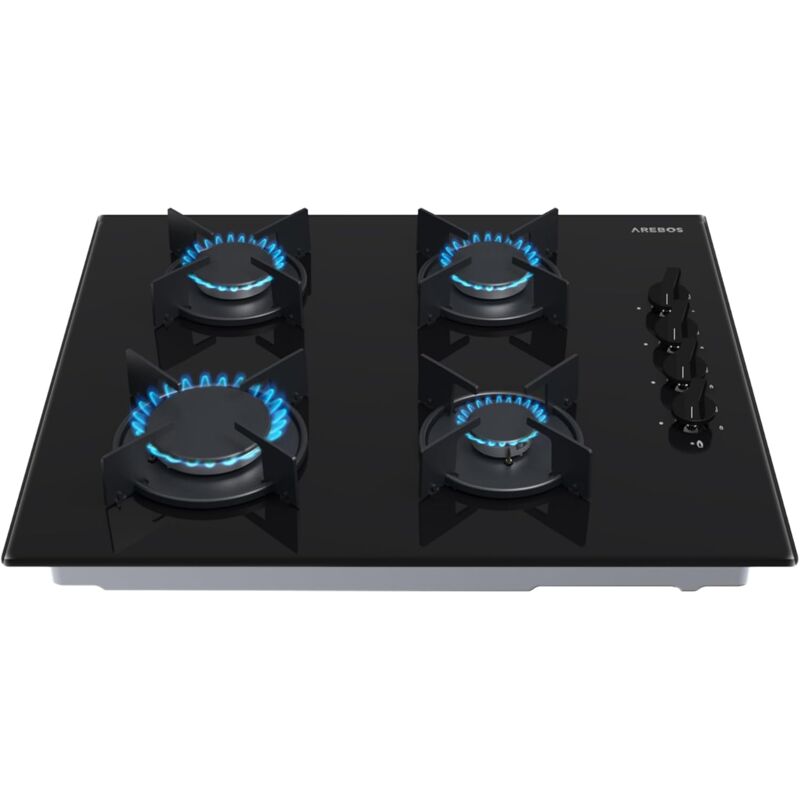 AREBOS Table de cuisson à gaz 4 feux vitrocéramique incl. support de casseroles & sécurité d'allumage Autonome Convient pour le gaz naturel ou le