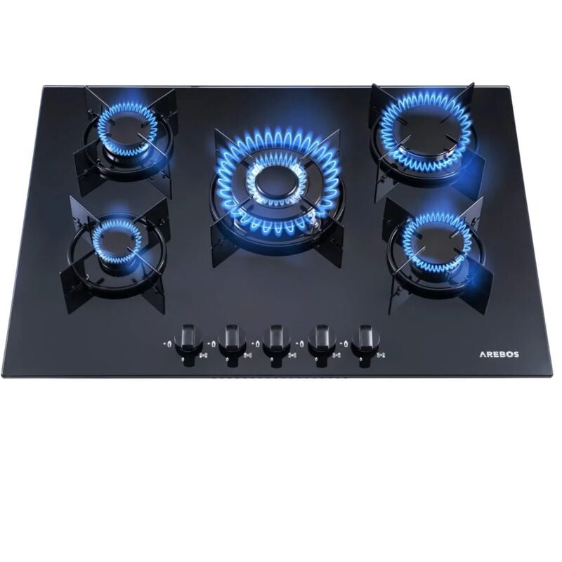 Cuisinière à gaz 5 feux Plaque de cuisson en céramique Grill et veilleuse de sécurité inclus Autonome Convient au gaz naturel et au propane Tableau
