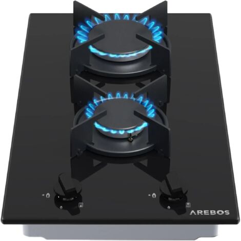 Arebos – Plaque de cuisson gaz 2 feux encastrable – Brûleur rapide 3000W et semi-rapide 1750W – Surface en verre – Compatible gaz naturel et propane