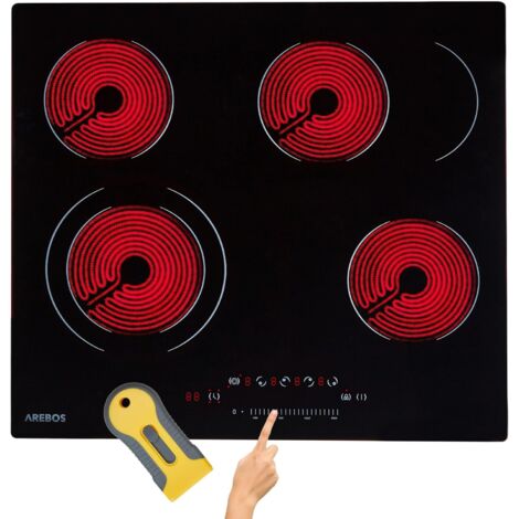 Arebos – Table de cuisson vitrocéramique 4 zones 59 cm – Puissance 6600 W – Minuterie 99 min – Sécurité enfants – Affichage chaleur résiduelle