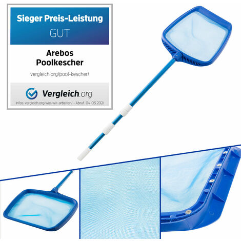 AREBOS Poolkescher mit Teleskopstange  Poolreinigung Bodenkescher  L�nge von 1,20-1,90 m  Gro�e Aufnahmelippe  Flaches und engmaschiges Netz  Blau
