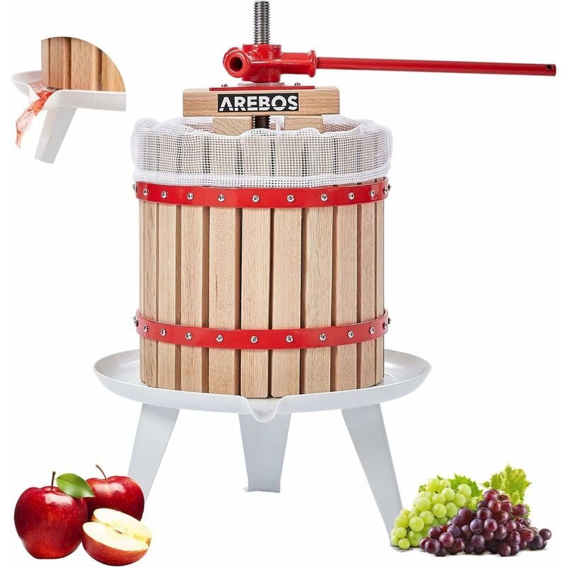 Presse à fruits 12 l Pressoir à vin Presse-pomme Broyeur à fruits - Tan, rouge - Arebos