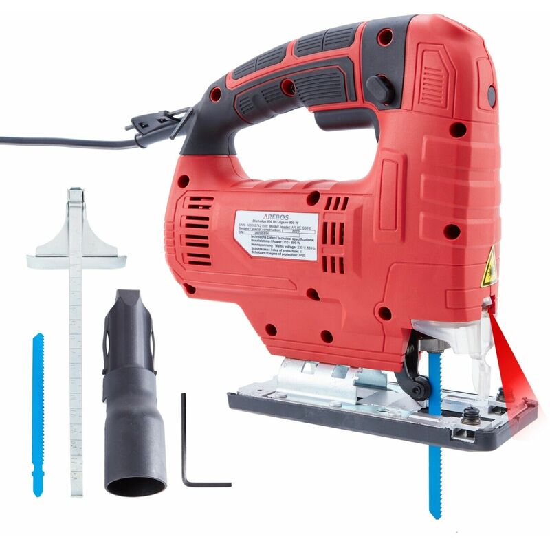 Arebos - Professional Jigsaw 710 w Ergonomic Handle 45° Left-Right Tilting Quick Saw Blade Change Connection for Dust Extraction - Red