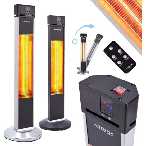 AREBOS Radiateur infrarouge Chauffage radiant terrasse protection IP34 protection contre renversement élément carbone sol 2000W pied intérieur et extérieur Low-Glare électrique - Argenté