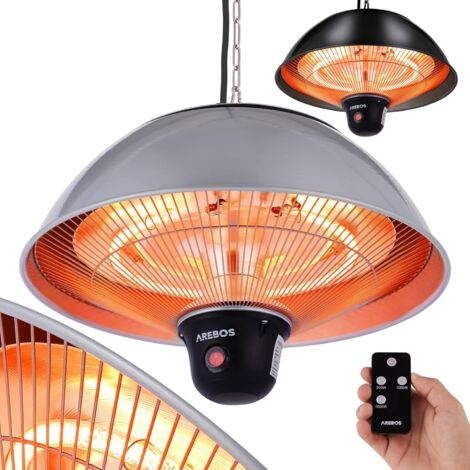 AREBOS Radiateur infrarouge plafont Chauffage radiant terrasse protection IP34 tube carbone 1500W Chaleur 360° Télecommande 3 niveaux intérieur et extérieur Argenté - Argent
