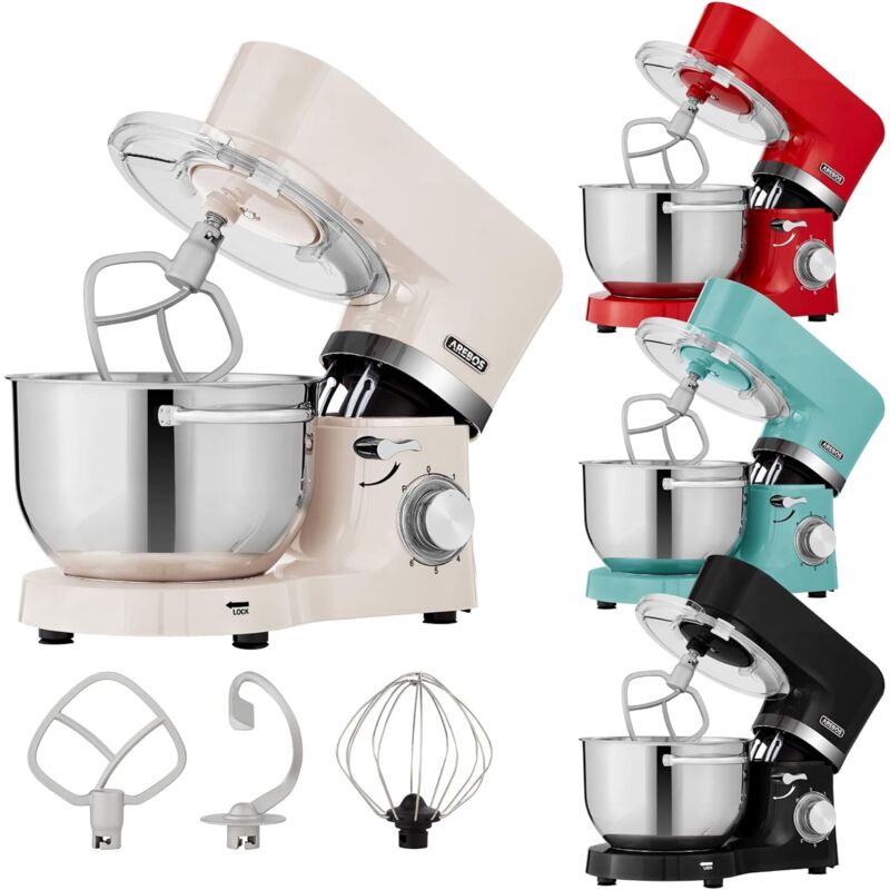 Arebos - Robot Pâtissier Professionnel 1500W Blanc Robot de Cuisine Multifonction avec Fouet, Batteur, Crochet 6 Vitesses