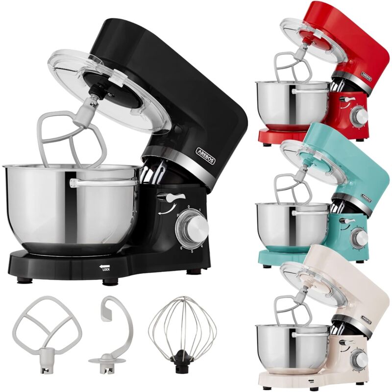 Arebos - Robot Pâtissier Professionnel 1500W Noir Robot de Cuisine Multifonction avec Fouet, Batteur, Crochet 6 Vitesses