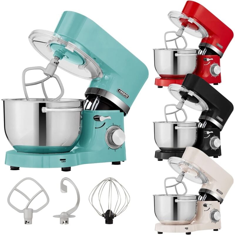 Arebos - Robot Pâtissier Professionnel 1500W Turquoise Robot de Cuisine Multifonction avec Fouet, Batteur, Crochet Avec 2 Bols d'Acier Inoxydable 6